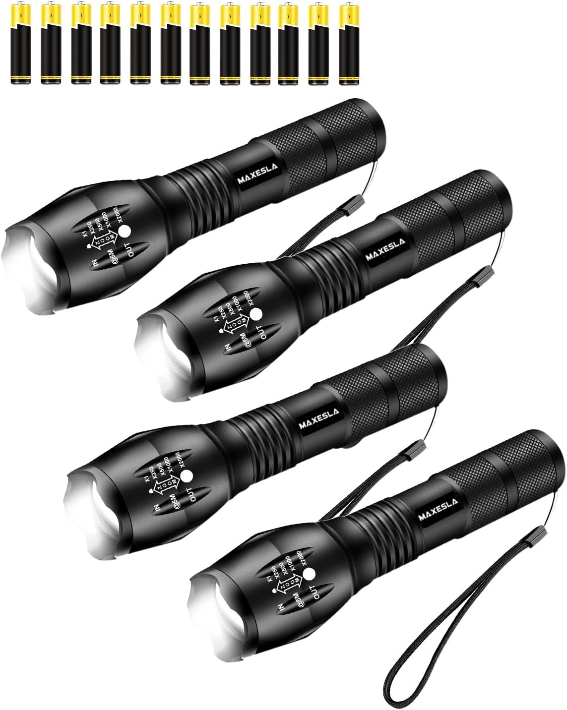 Maxesla 4 Pack LED Torch 2000 Lumens, Zoomable Torches Led Super Bright Flashlig...