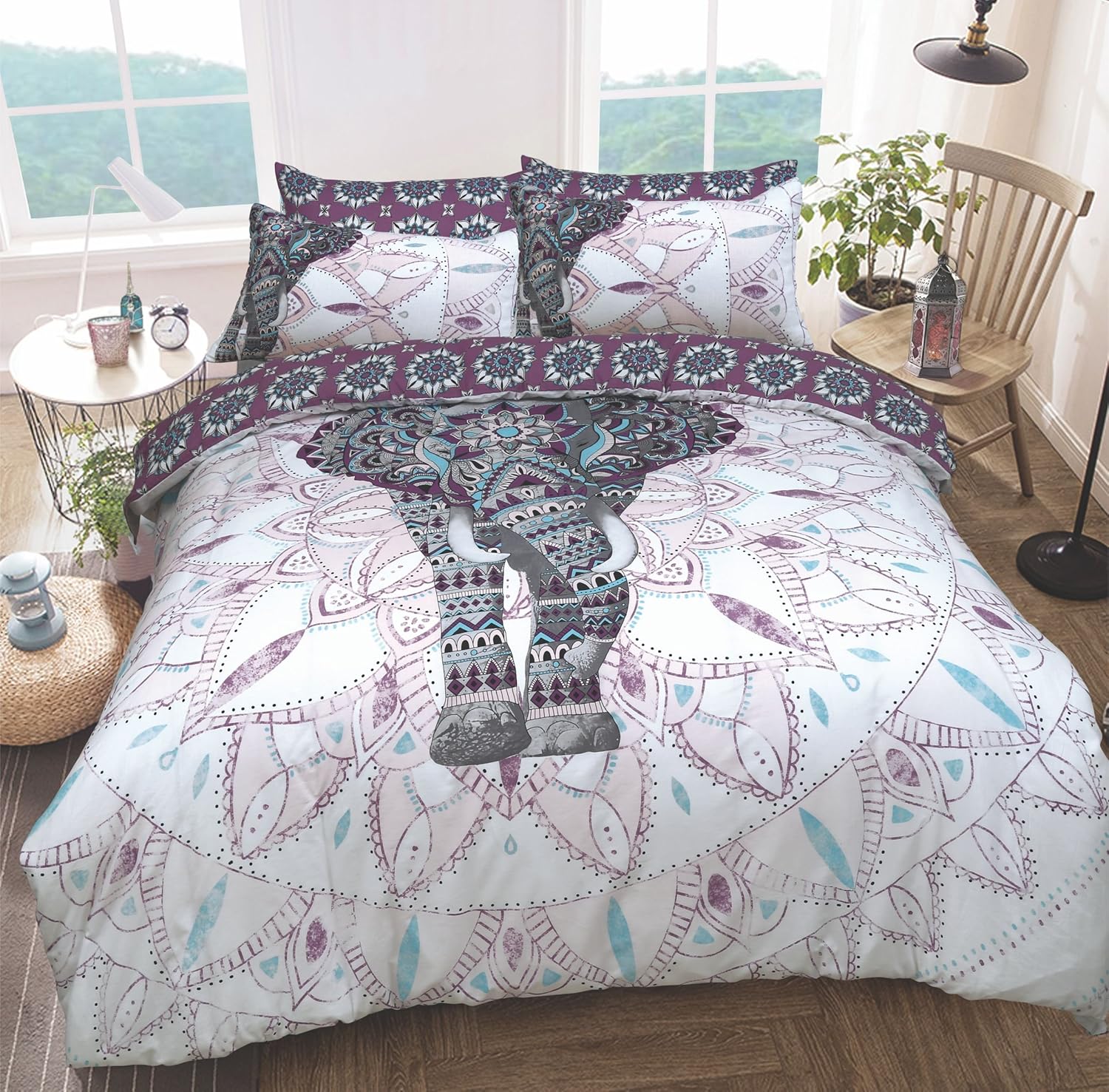 Sleepdown Elephant Mandala Purple Bed Reversable Quilt Duvet Cover Set Easy Care...