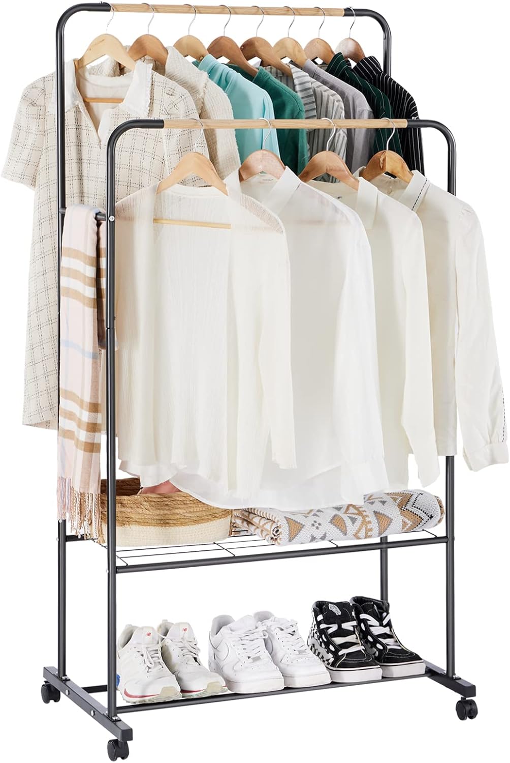 YOUDENOVA Clothes Rail on Wheels Clothes Rack Double Hanging Rails for Clothes R...