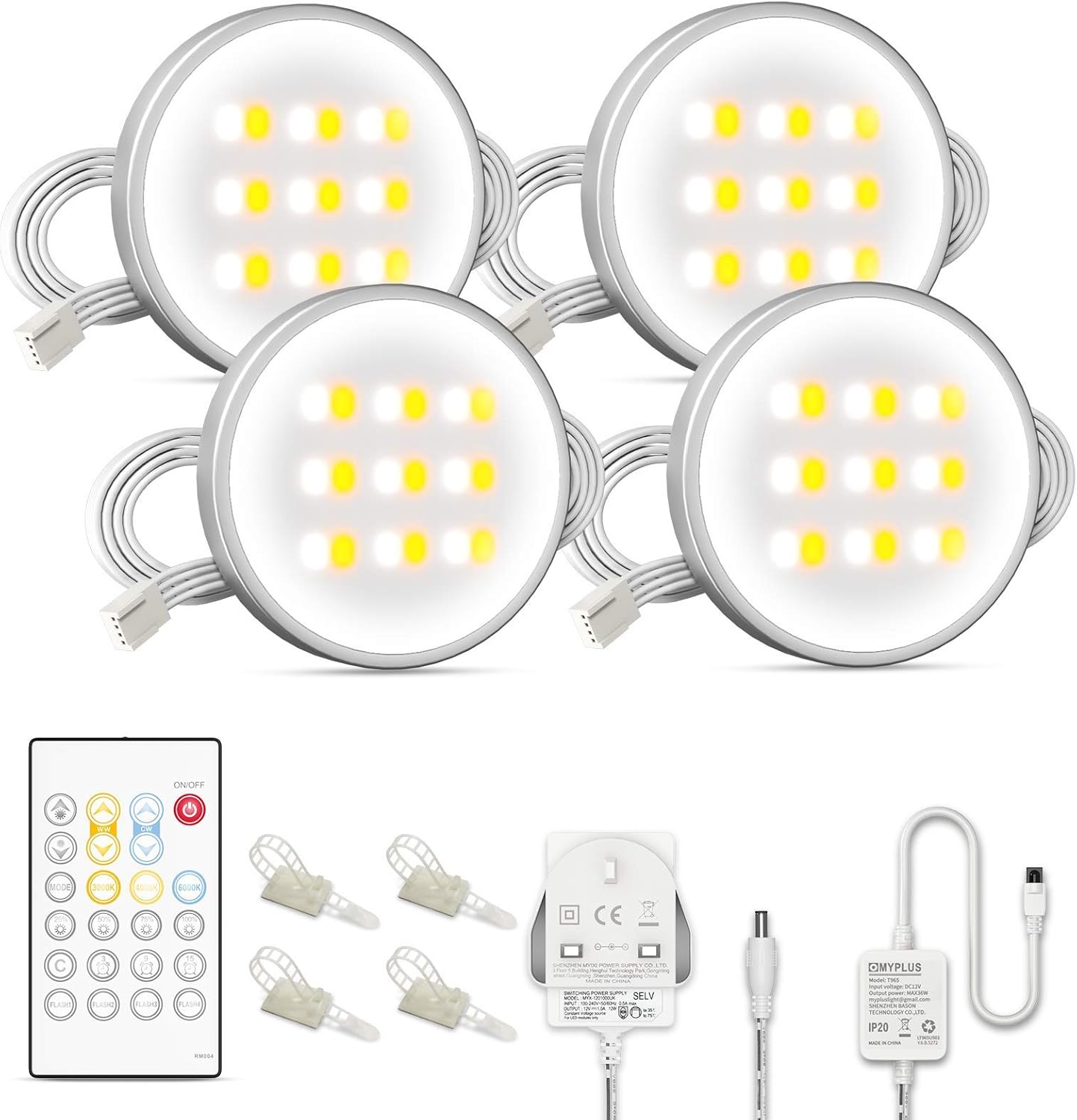 MYPLUS White Led Under Cabinet Lighting, 4 Packs Puck Lights with Remote Control...