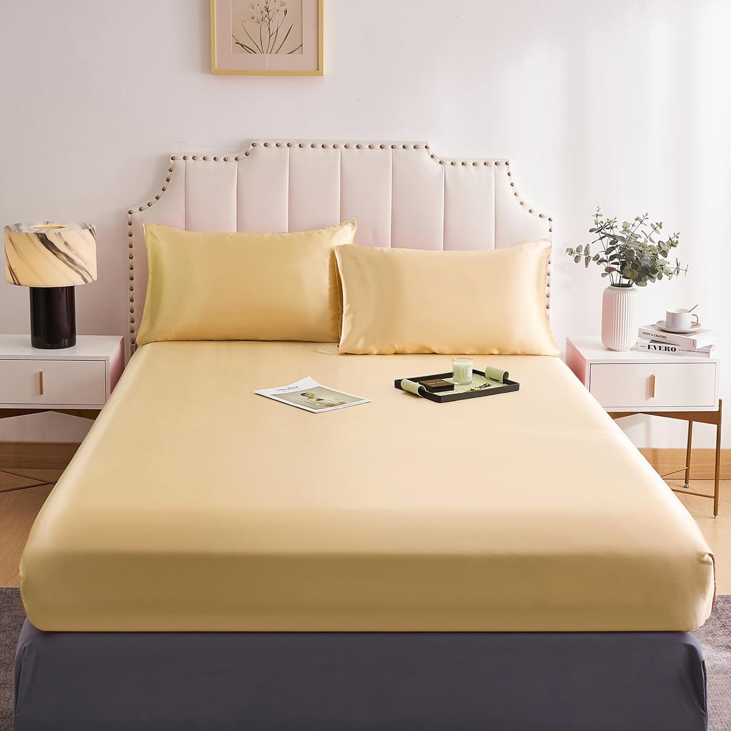 DuShow Fitted Sheet-Deep Pocket Satin Silky Bed Sheet,Breathable Soft and Comfor...