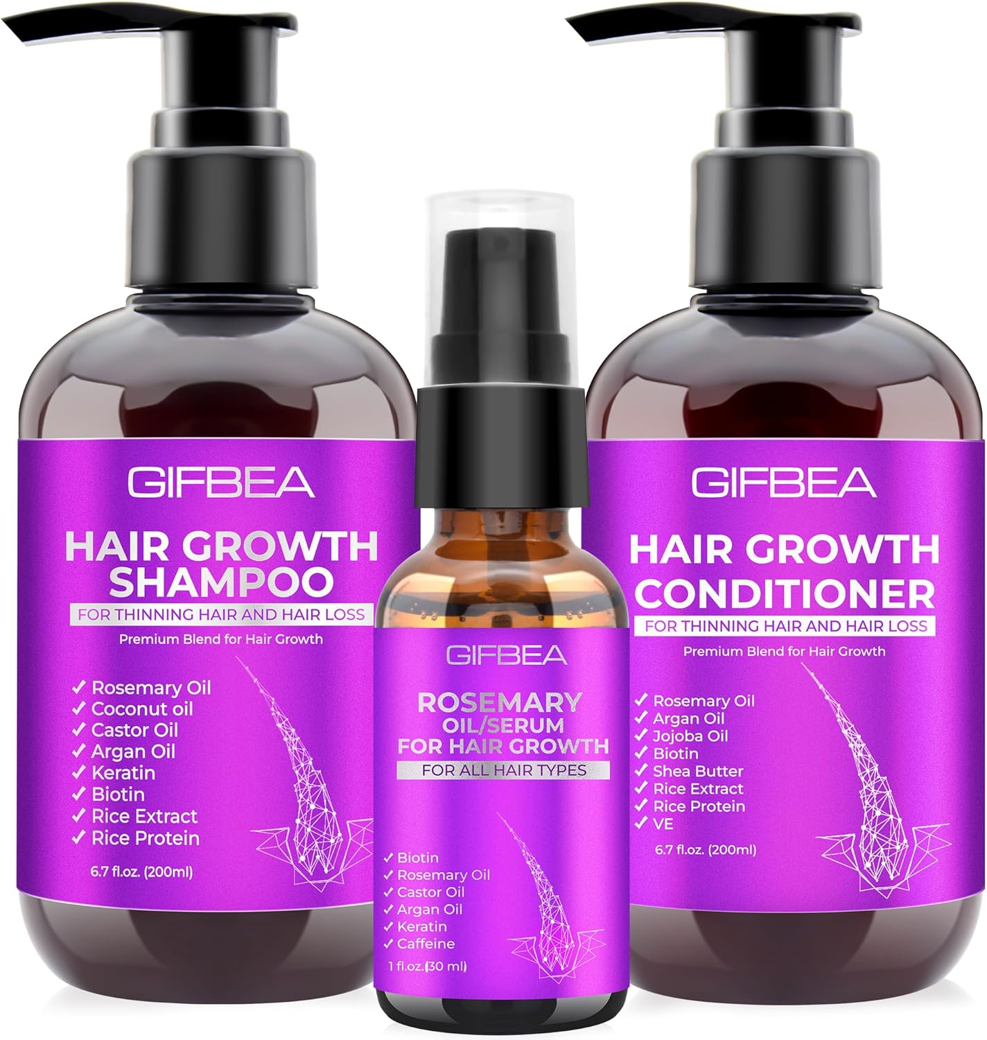 GIFBEA Hair Growth Shampoo and Conditioner Set W/Rosemary Oil Serum for Hair Gro...