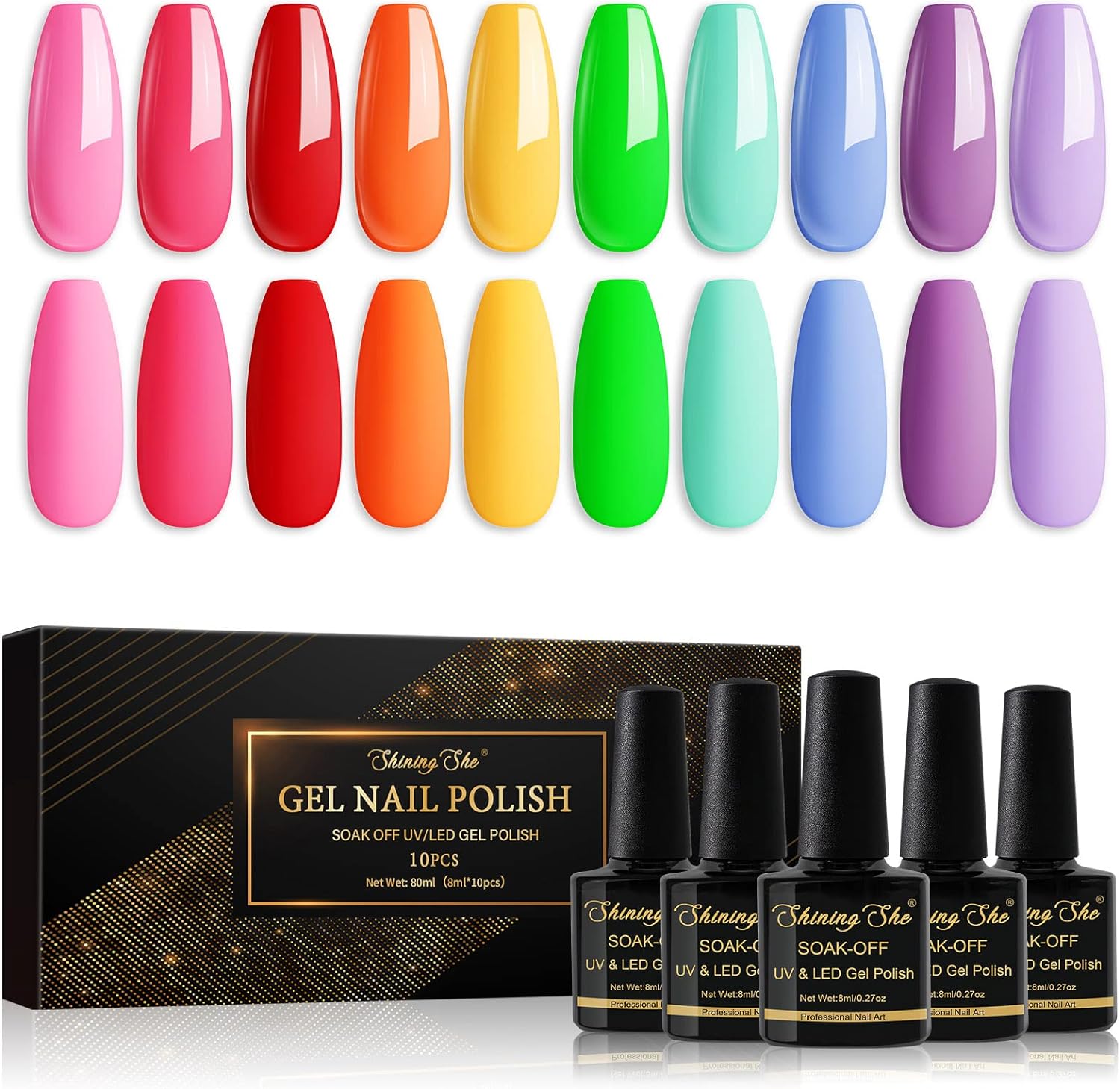 Shining She Neon Gel Nail Polish Set, 10 Colors Pink Red Orange Green Blue Purpl...
