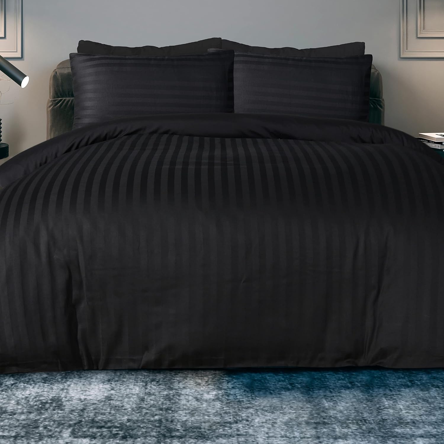 Sleepdown Soft Hotel Quality 225 THREAD COUNT COTTON Black Satin Stripe Reversib...