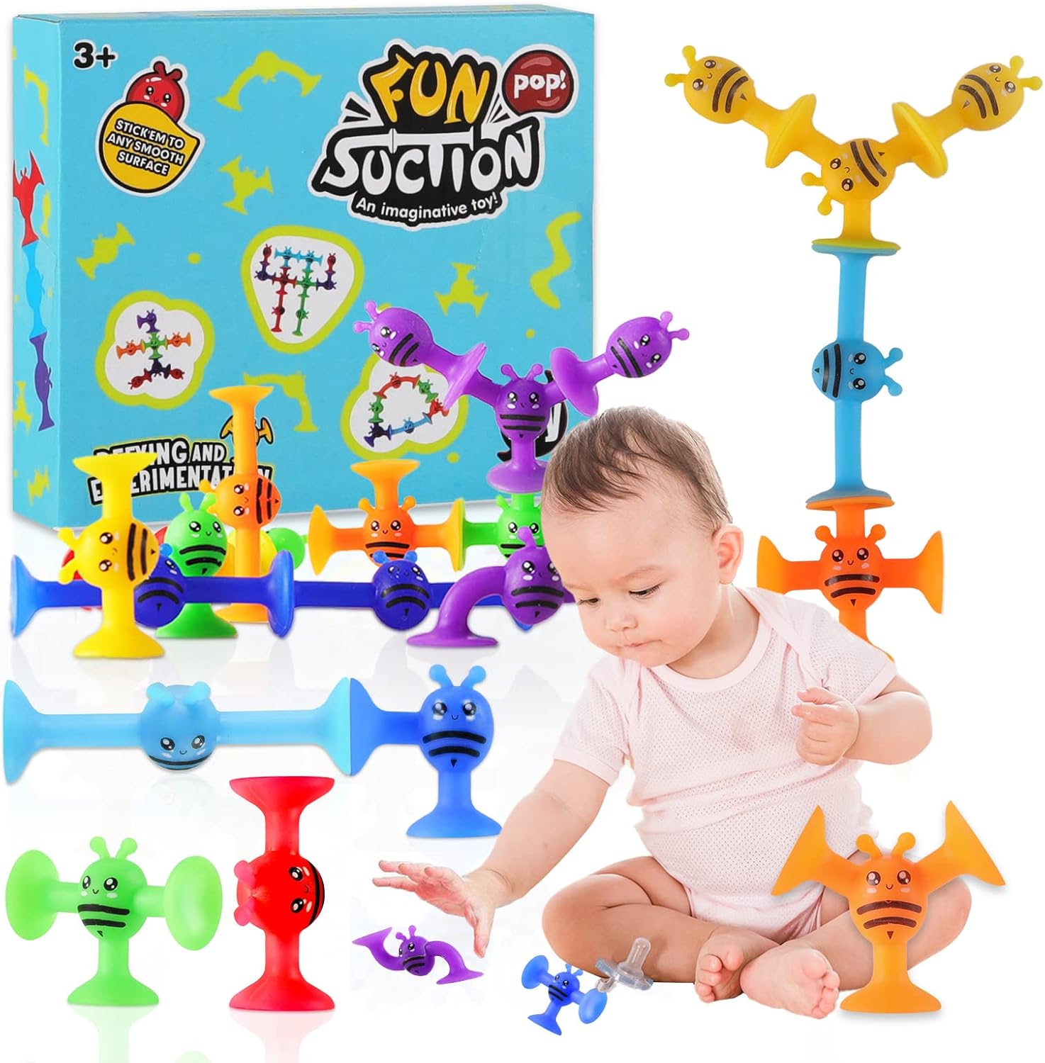 19 Pcs Suction Toys Kids Bath Toys Slicone Sucker Toys for Kids Sensory Toys for...