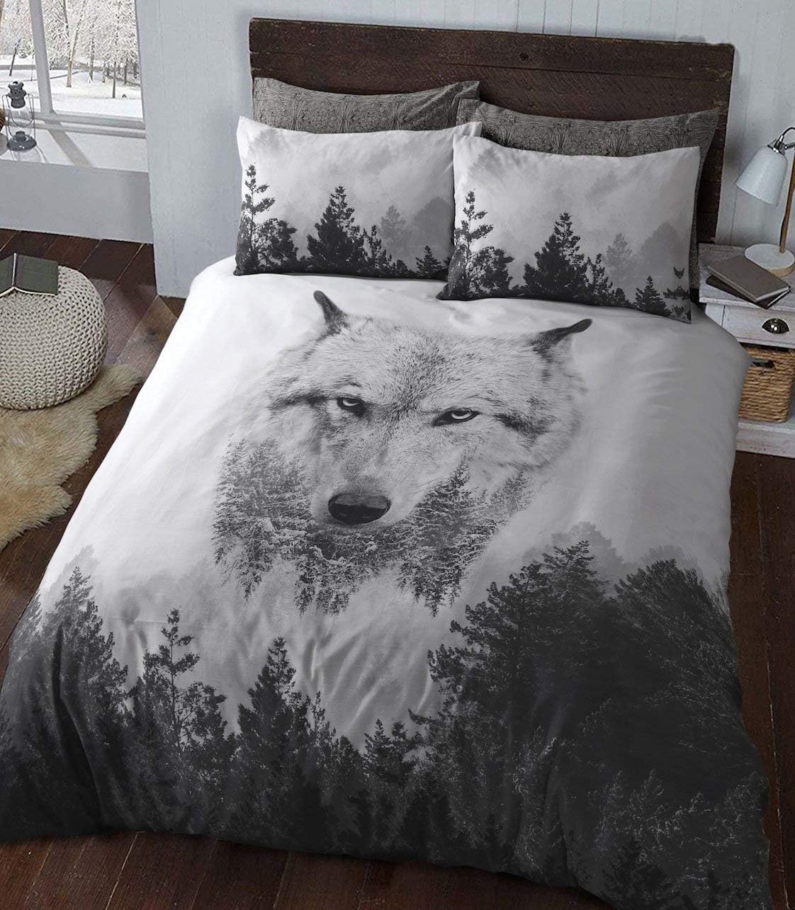 Sleepdown Duvet Cover Set - Multi Colour - Wolf Panel Animal Winter – Luxury Rev...