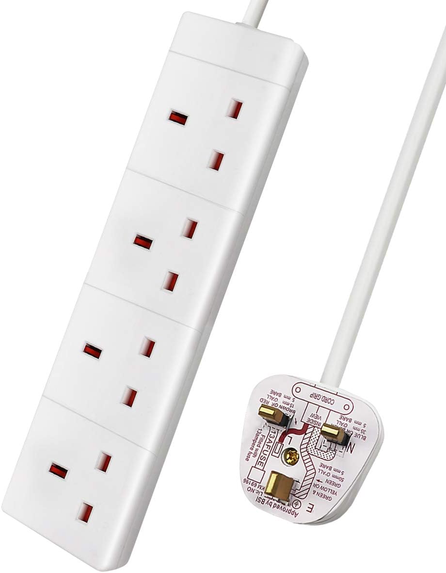 ExtraStar 4 Way Extension Lead, 13A Fused UK Plug Adapter, 3 Metre Extension Cab...