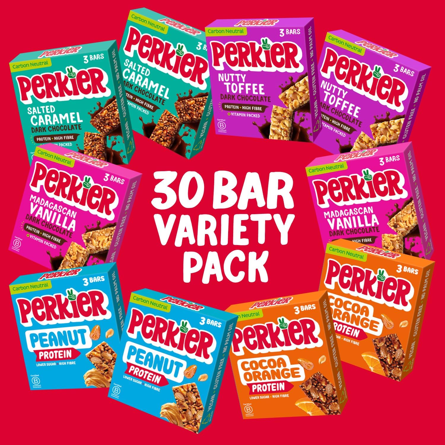 Perkier Variety Box (30 bars) – Protein Packed - Lower Sugar - High Fibre - Snac...