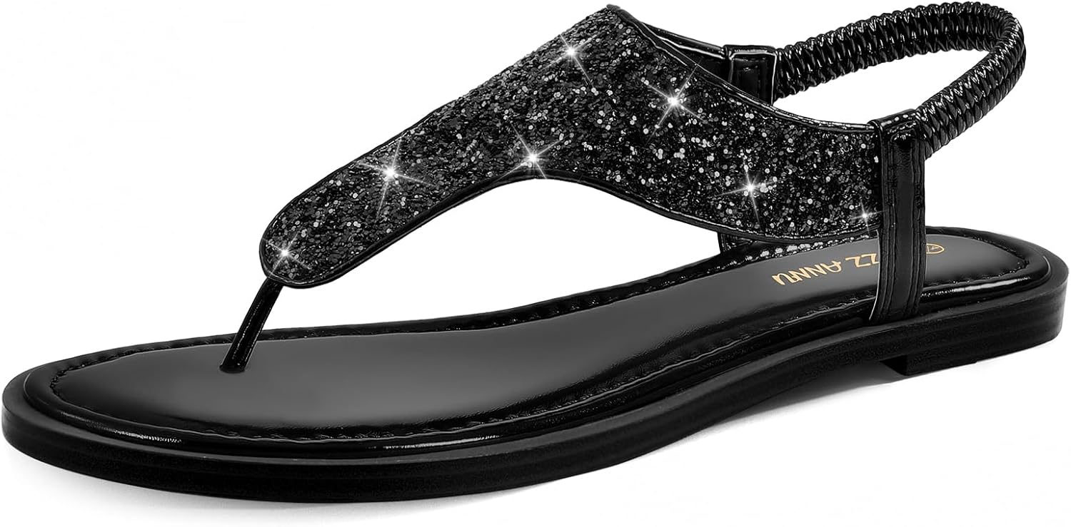 PIZZ ANNU Womens Glitter Flat Sandals Sparkly Toe Post Flip Flops T-Bar Thong Su...
