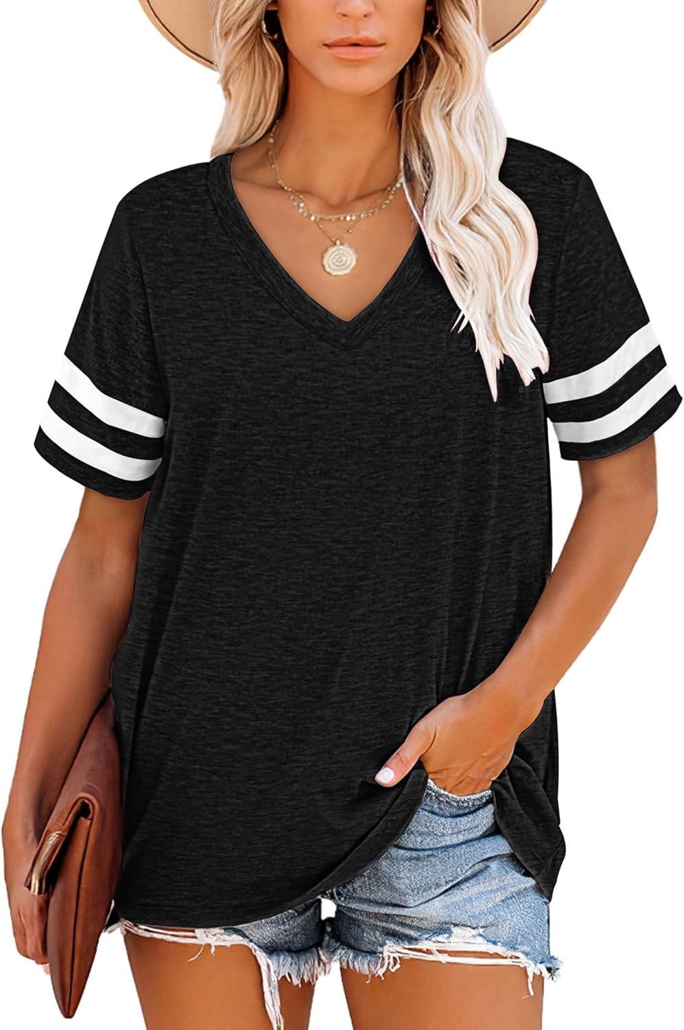 MOLERANI T Shirts for Women Short Sleeve V Neck Striped Summer Tops Casual Loose...