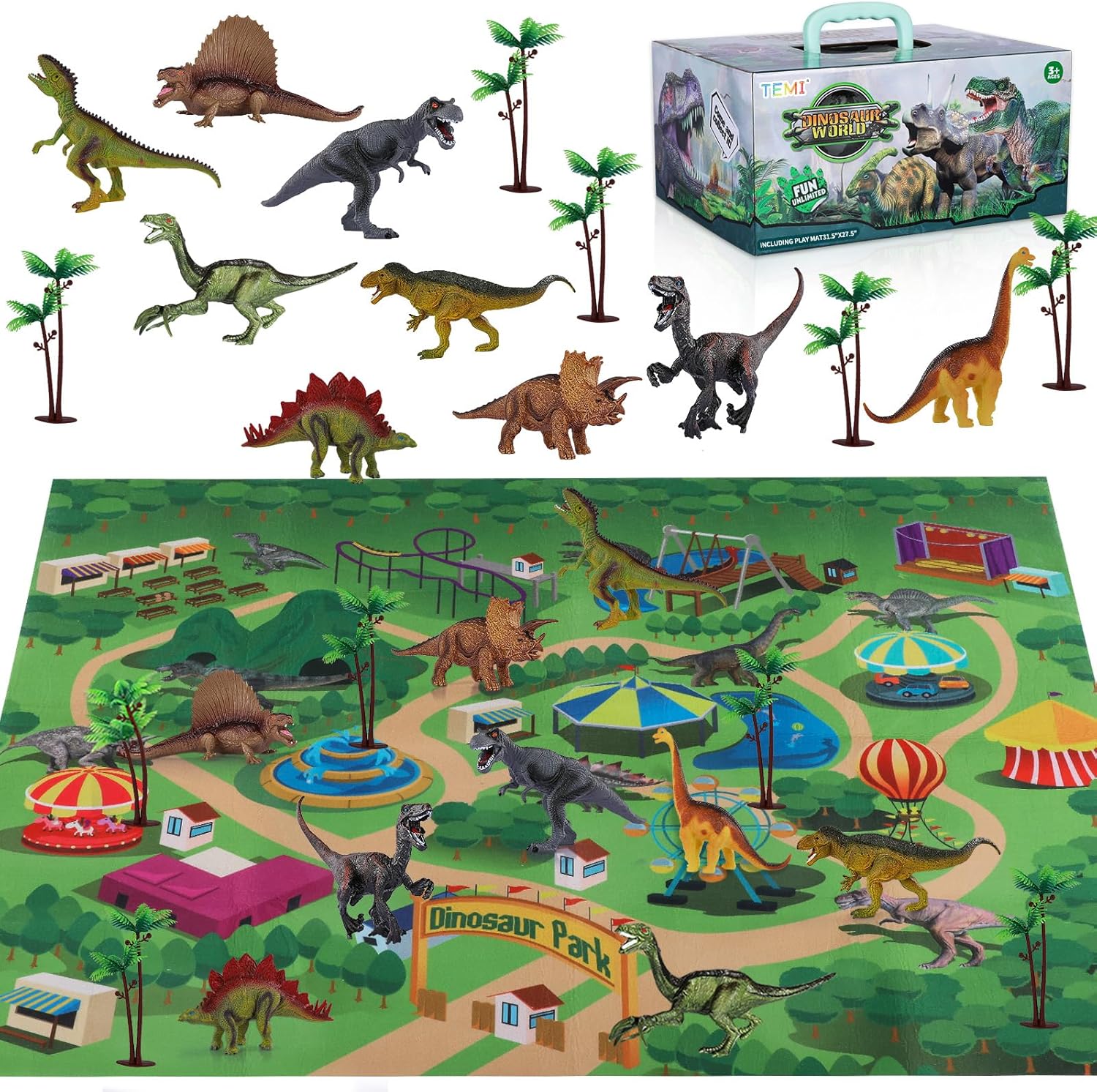 TEMI 9 Pack Dinosaur Toys with Play Mat & Trees for Boys, Educational Realistic...