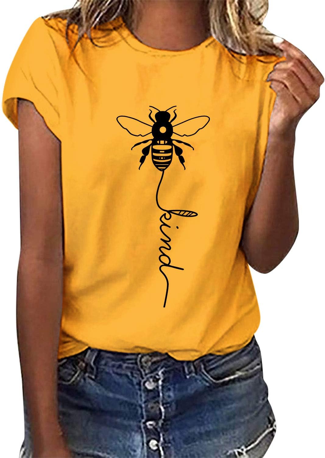 Voqeen Women's Bee Kind T-Shirt Casual Round Neck Short Sleeve Tunic Tops Bee Gr...