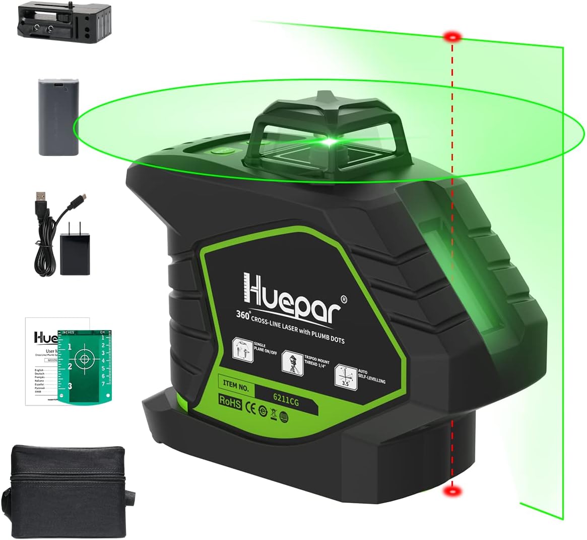Huepar Green Laser Level 360, Switchable Cross Line + 2 Plumb Points, Self-Level...