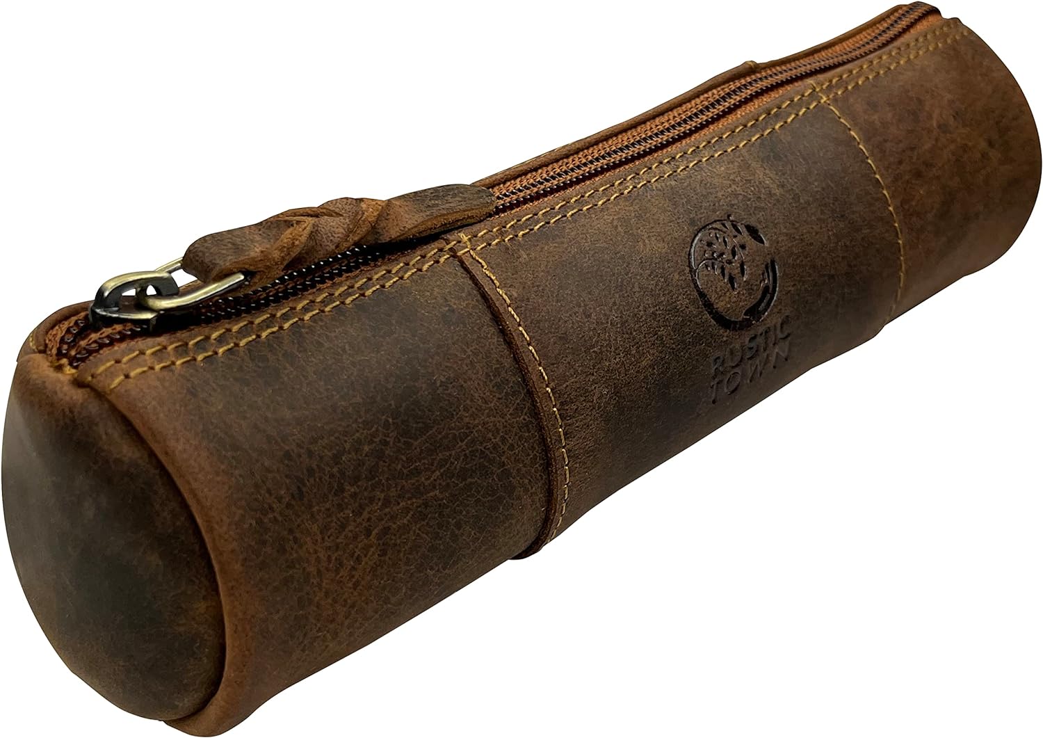 Rustic Town Leather Pencil Pouch - Zippered Pen Case for Work & Office (Brown)