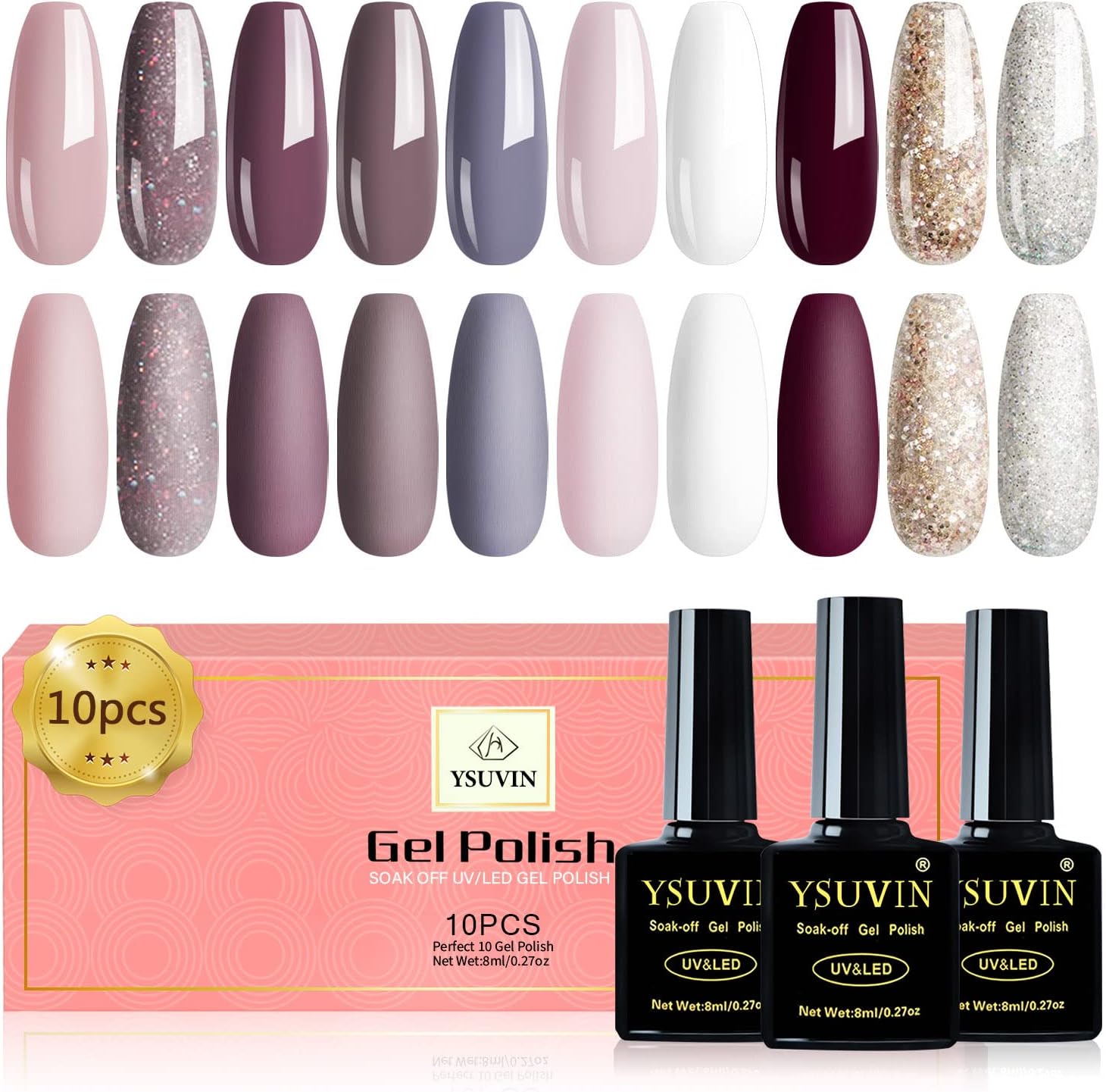 Yueshop 10pcs Gel Nail Polish Set, 10 Colors Nude Pink Brown White Glitter Gold...