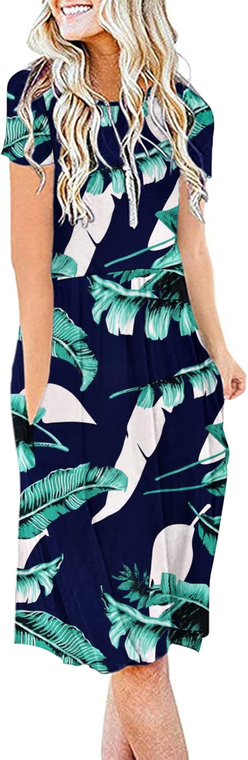 AUSELILY Women's Summer Short Sleeve Dress Knee Length with Pockets Casual Pleat...