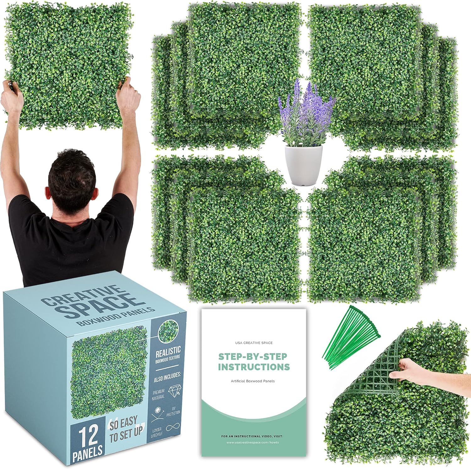 CREATIVE SPACE Grass Wall - Set of 12, 20" x 20" Artificial Boxwood Hedge Panels...