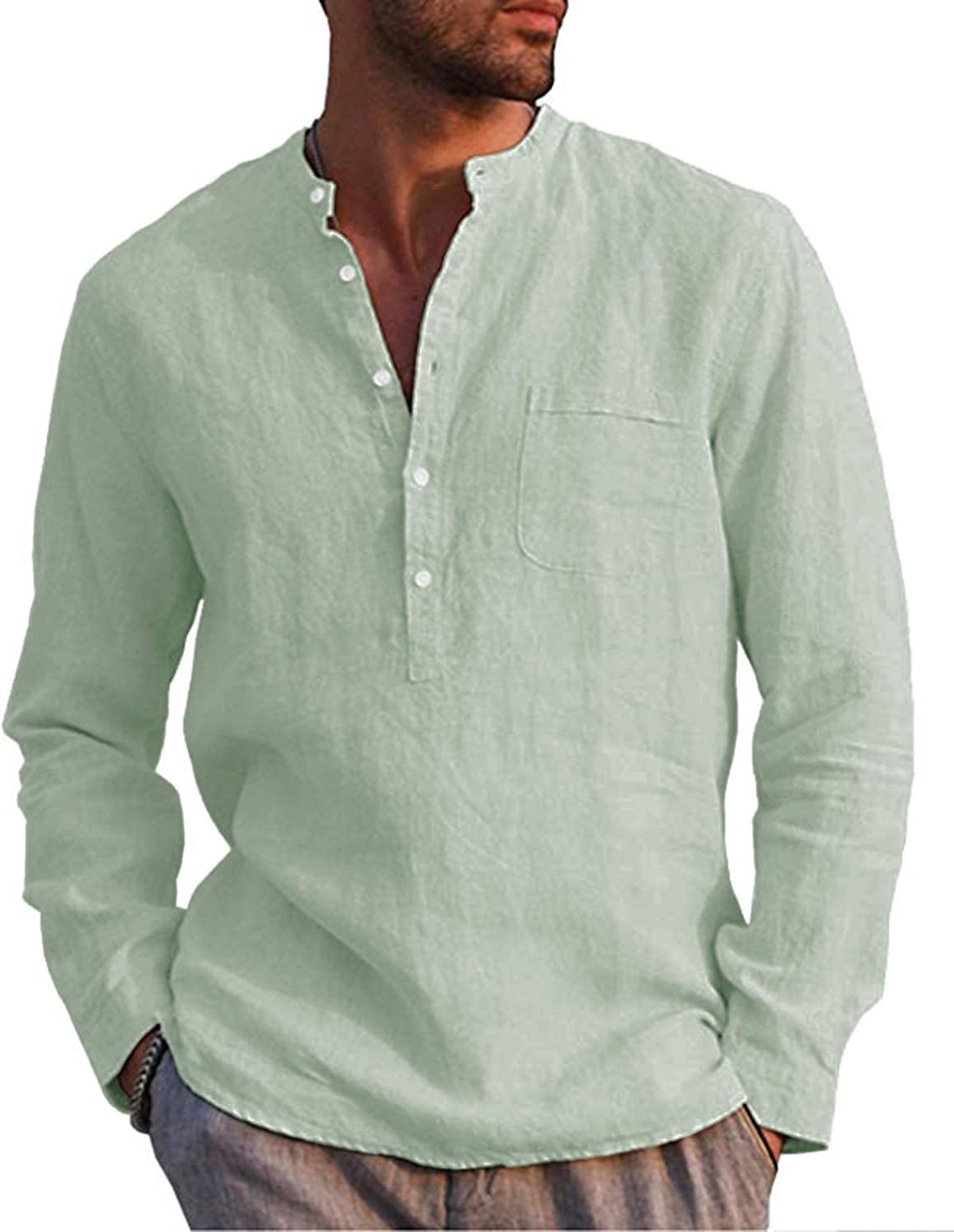 LVCBL Mens Casual Cotton Shirt Long Sleeve Band Collar Henley Shirt Tops Light G...