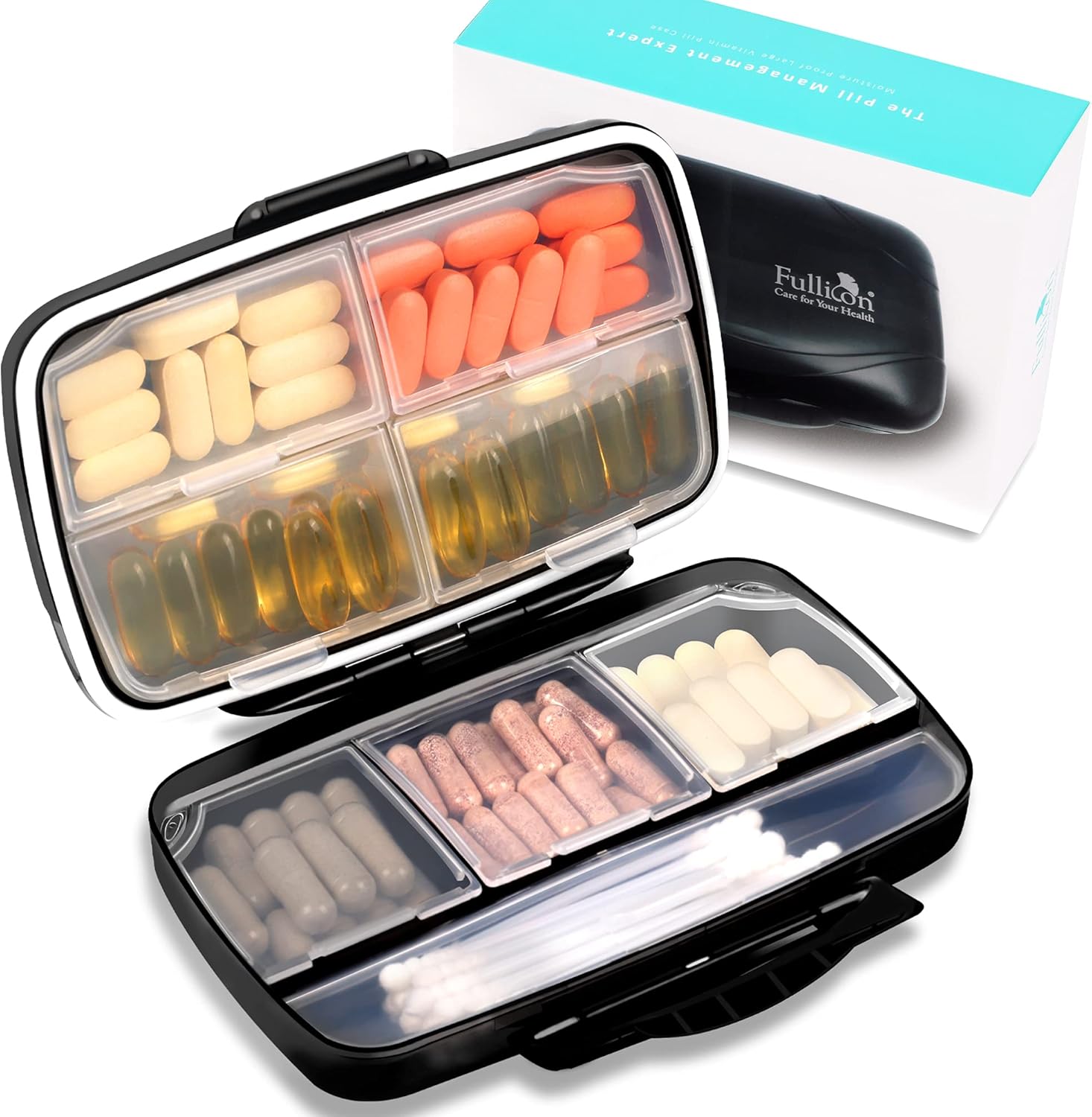 Fullicon Travel Pill Box Organiser Large Portable, Oversize 8 Compartment Pill B...