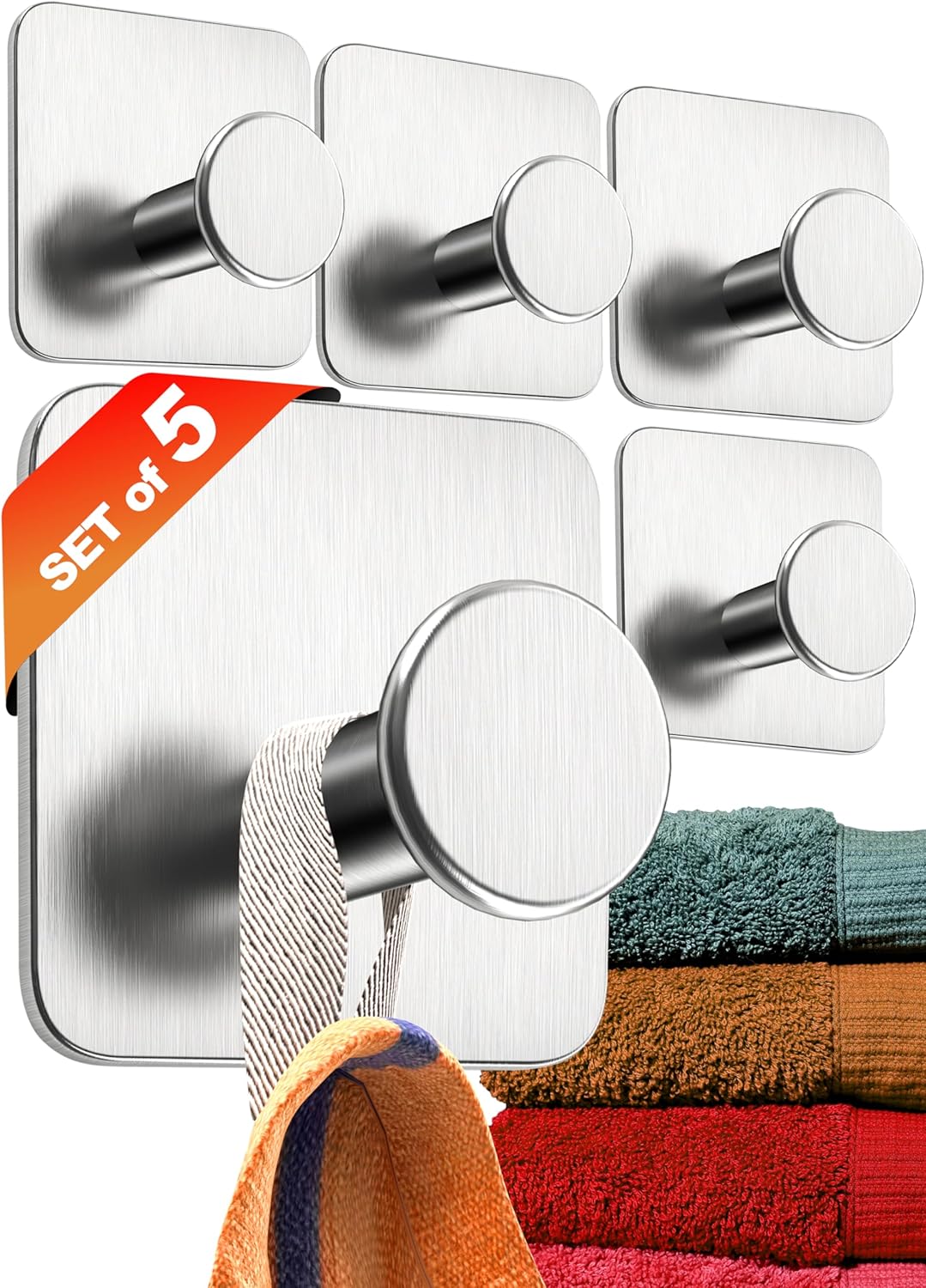4smile Towel Holder No Drilling Set of 5 Modern Design Towel Hooks Bathroom Stai...