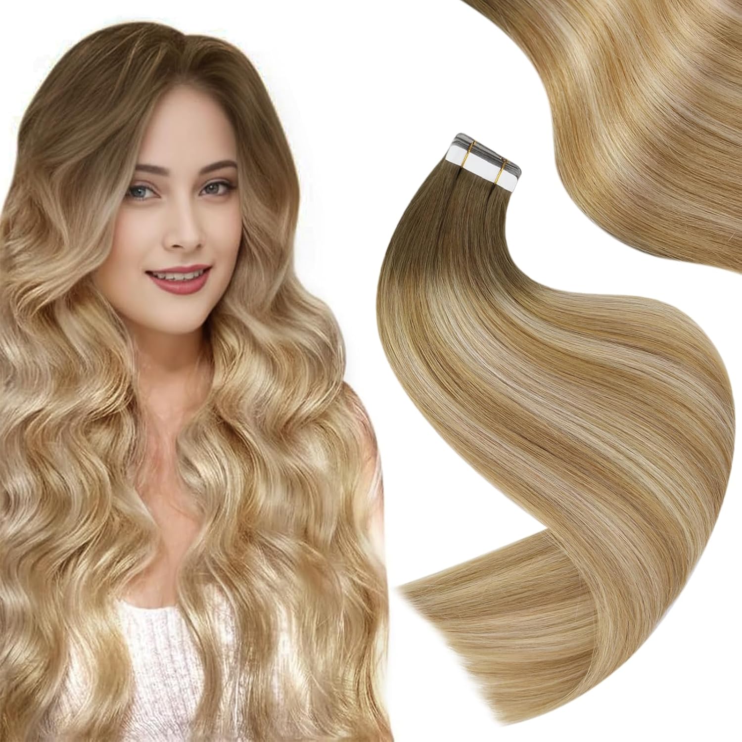 Easyouth Tape in Hair Extensions Blonde Balayage Tape in Human Hair Brown to Pla...