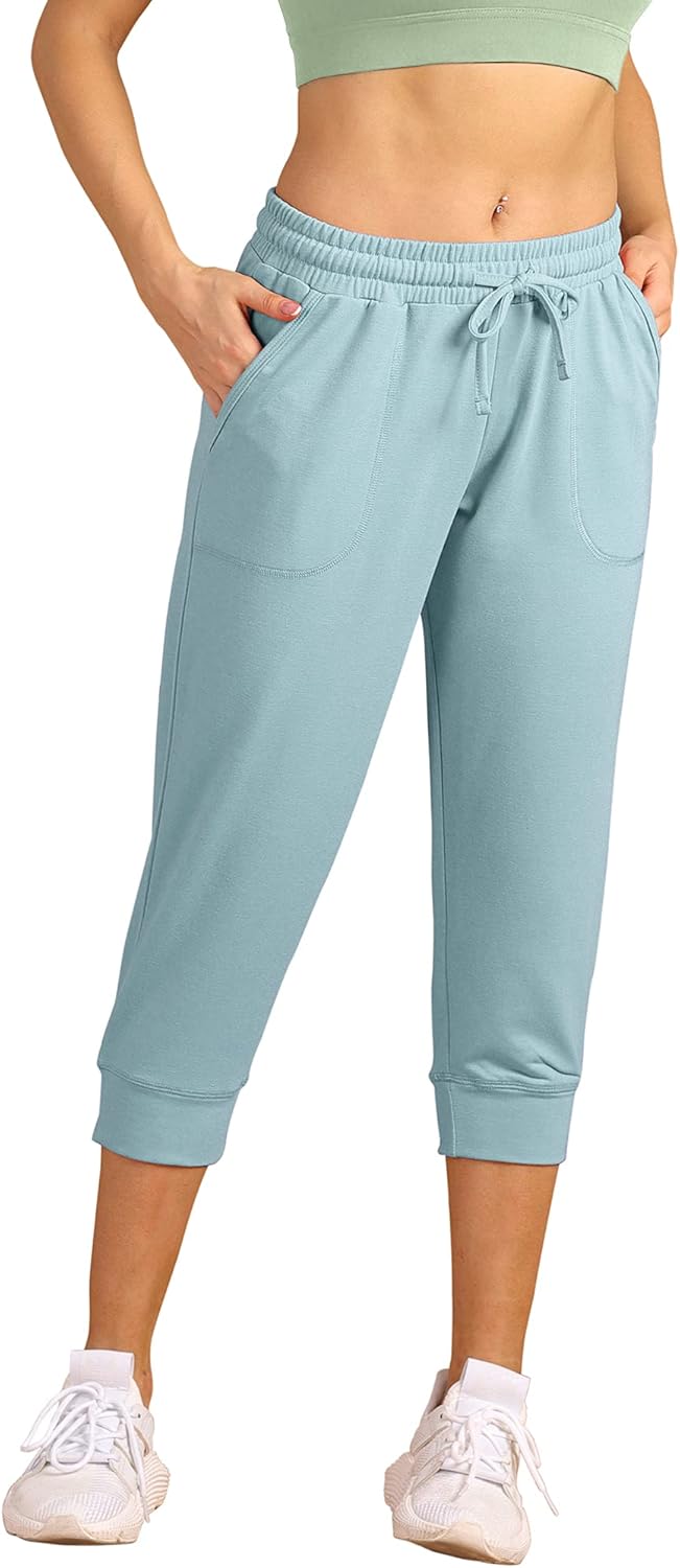 icyzone Women's Capri Sweatpants Casual Workout Cropped Joggers Pants M Ice Blue