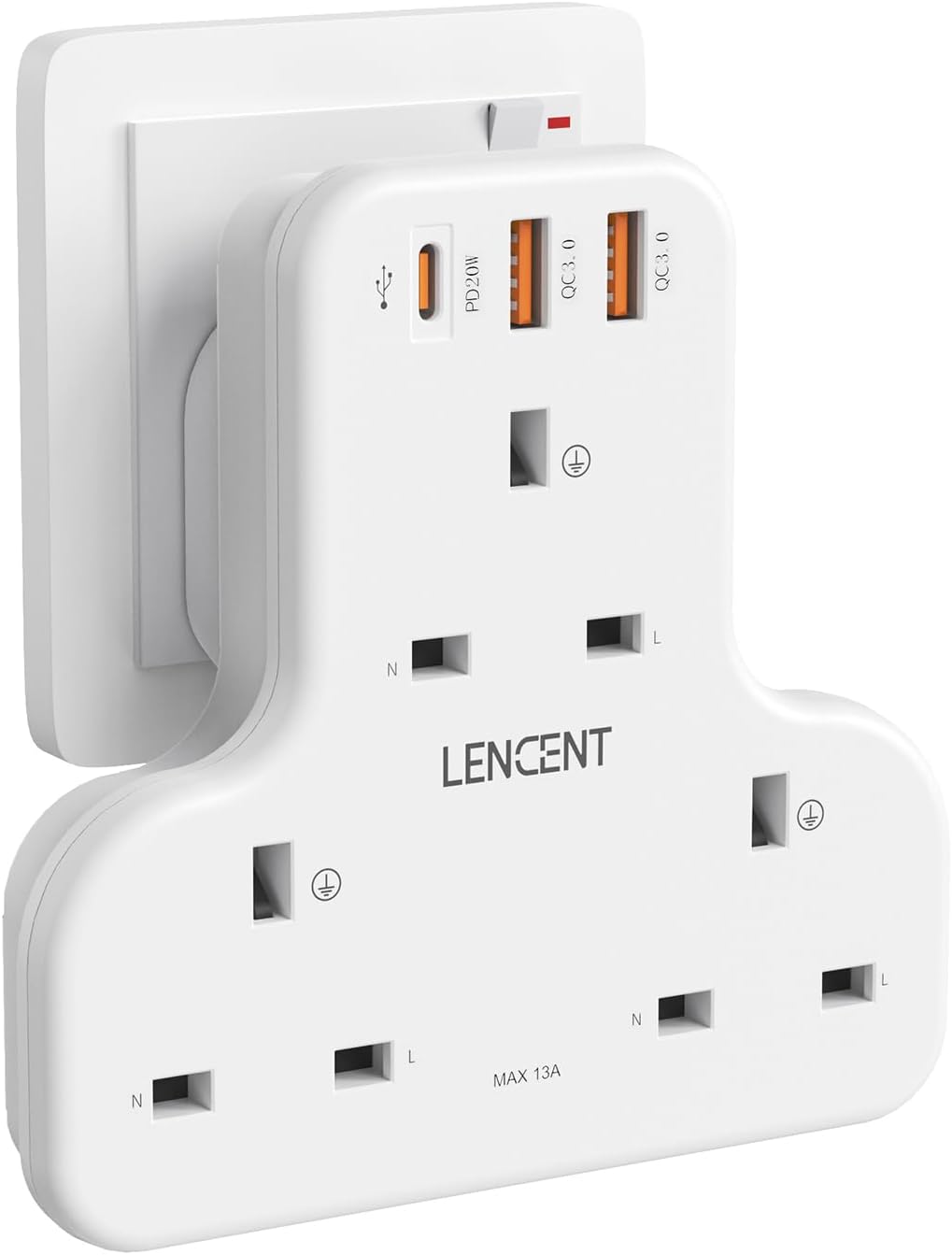 LENCENT 3 Way Plug Adaptor with 3 USB Slots PD&QC...