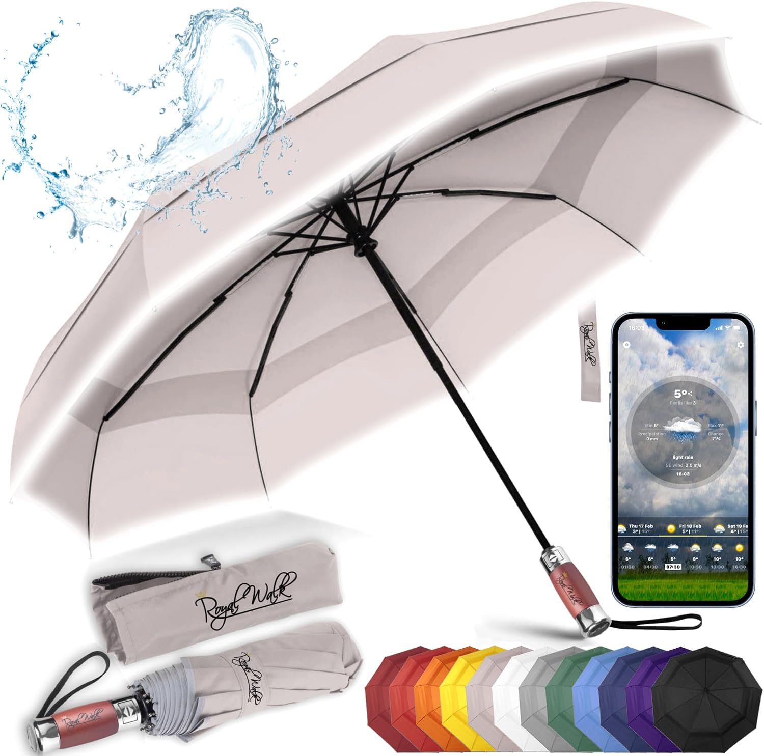 Royal Walk Windproof Folding Travel Umbrella Compact and Strong Luxurious Real W...