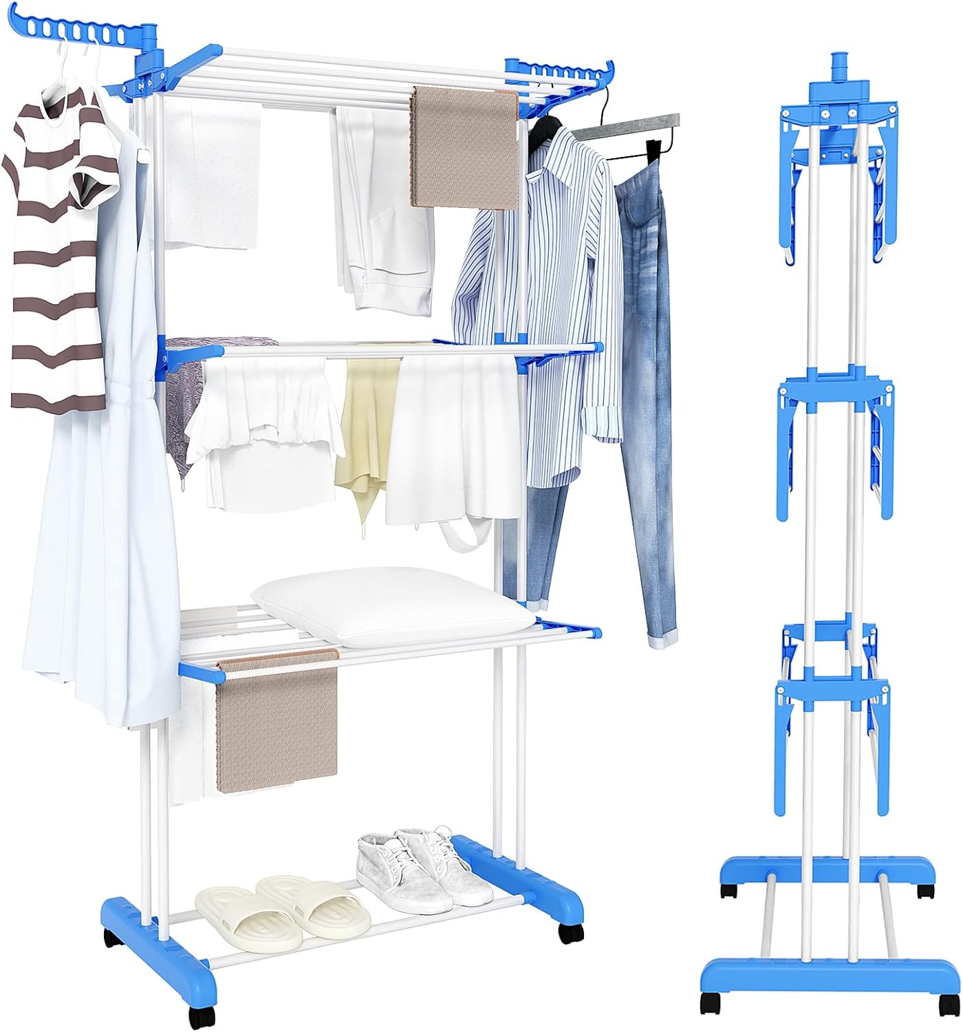 Trintion 3 Tier Clothes Drying Rack, Adjustable Rolling Laundry Hanger, Foldable...