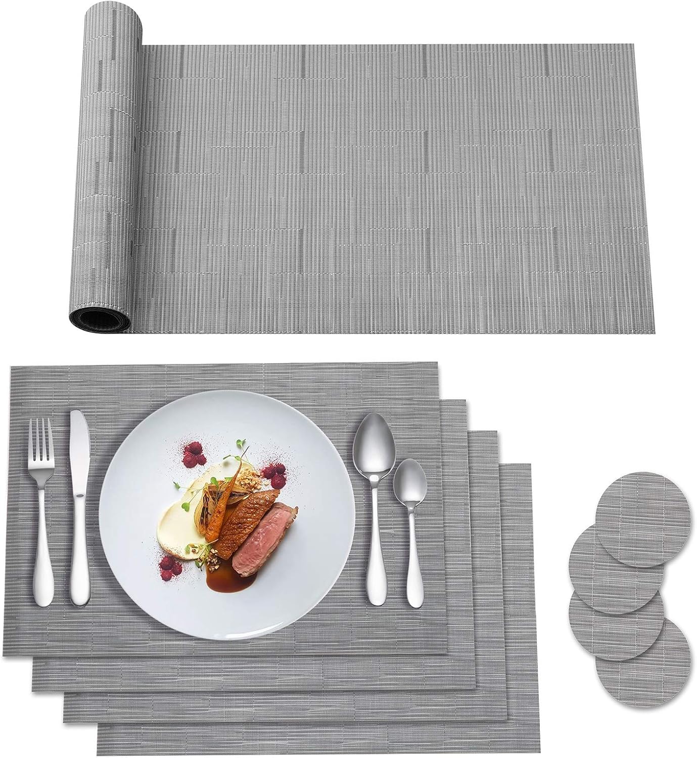 HPMAISON Placemats, 9 Pcs Grey Table Mats Set, 4 Placemats + 4 Coasters + 1 Long...