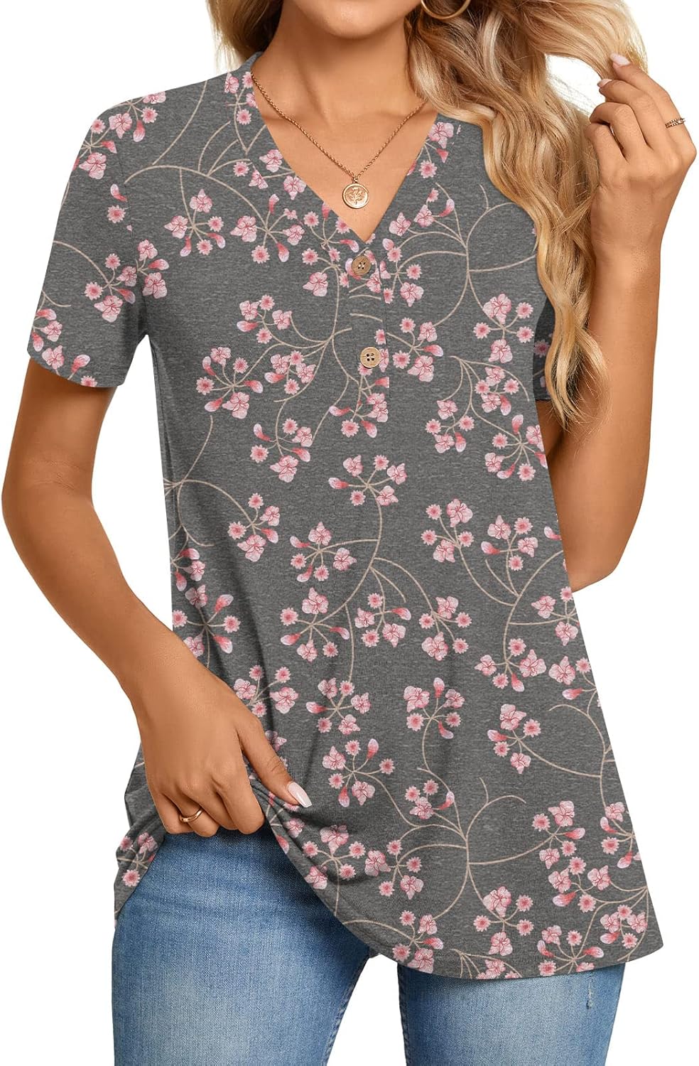 BISHUIGE Womens Henley Tunic Tops Button Up T-Shirts V-Neck Casual Blouses Fl Gy...