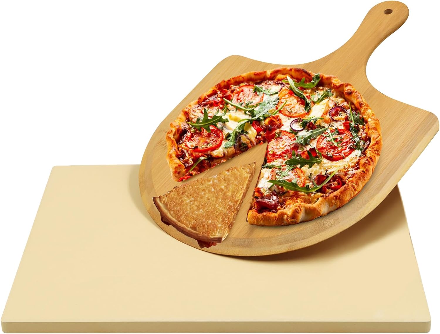 Augosta Pizza Stone for Oven and Grill, Free Wooden Pizza Peel paddle, Durable a...
