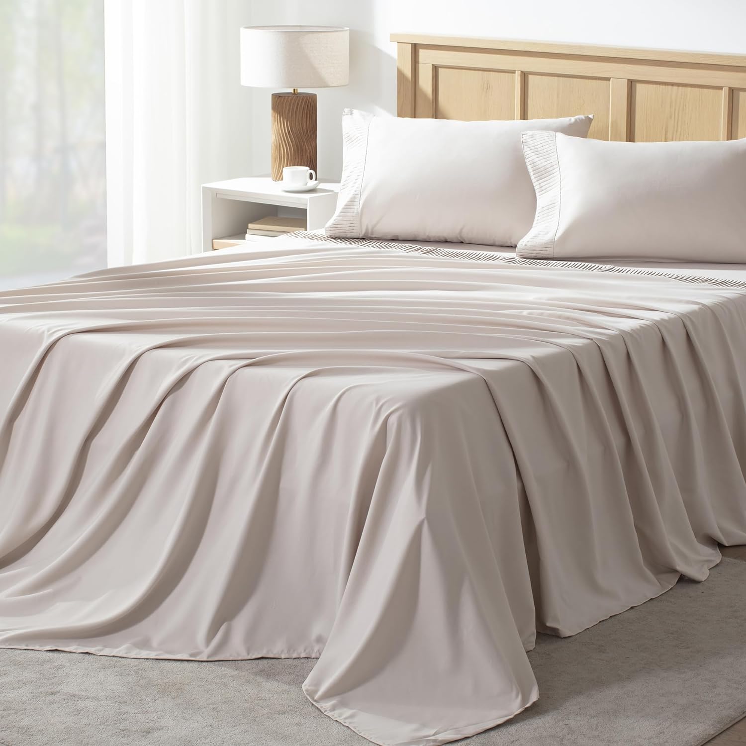 Andency Full Size Bed Sheets Set 4 Pieces, Oatmeal Super Soft Sheets for Full Si...