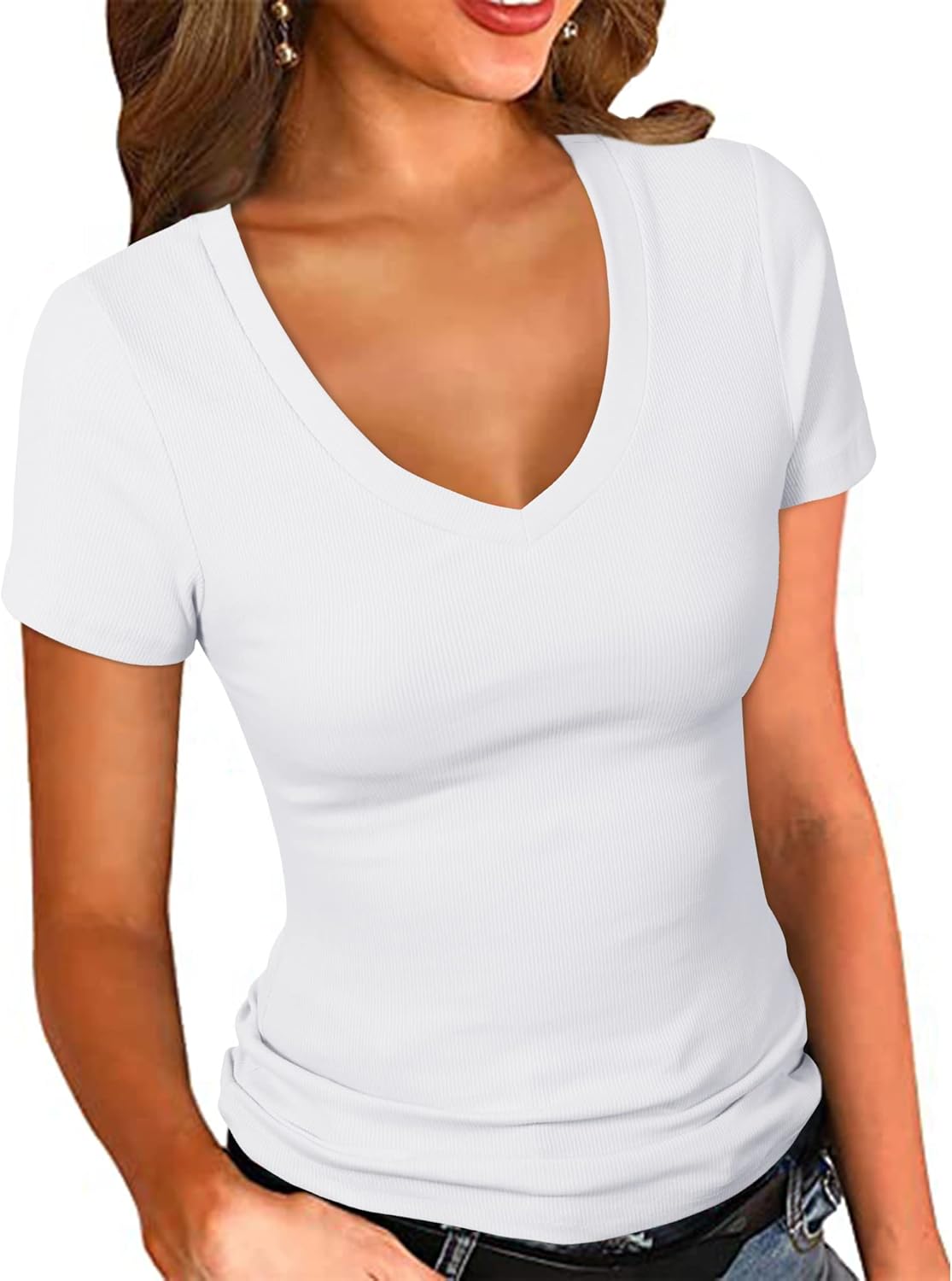 PALINDA Women's Short Sleeves Ribbed Fitted Shirt Basic V Neck Slim T Shirt Tops...