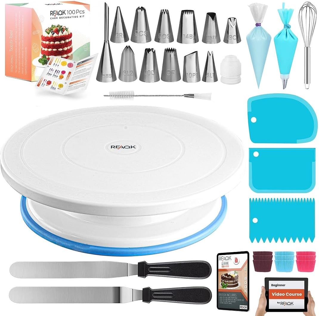 RFAQK 100Pcs Cake Turntable Set - Cake Decorating Supplies Kit with 30 Piping Ba...
