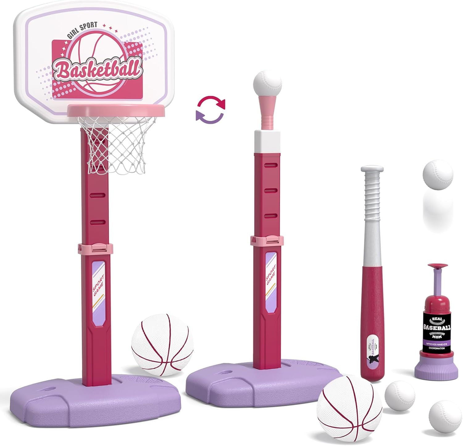 2 in 1 Kids Basketball Hoop and T Ball Set - Adjustable Height, Kids Baseball Te...