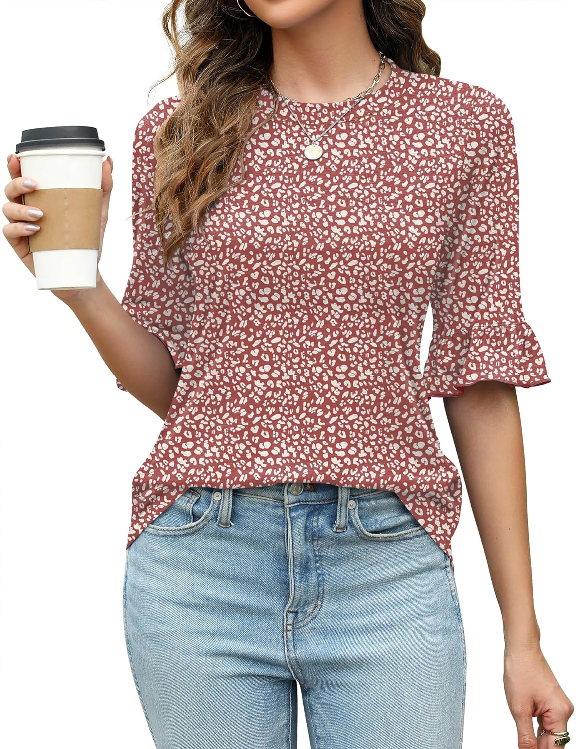 Rapbin Womens 3/4 Length Sleeve Tops Loose Fit Casual Crew Neck Shirts Ruffle Tu...