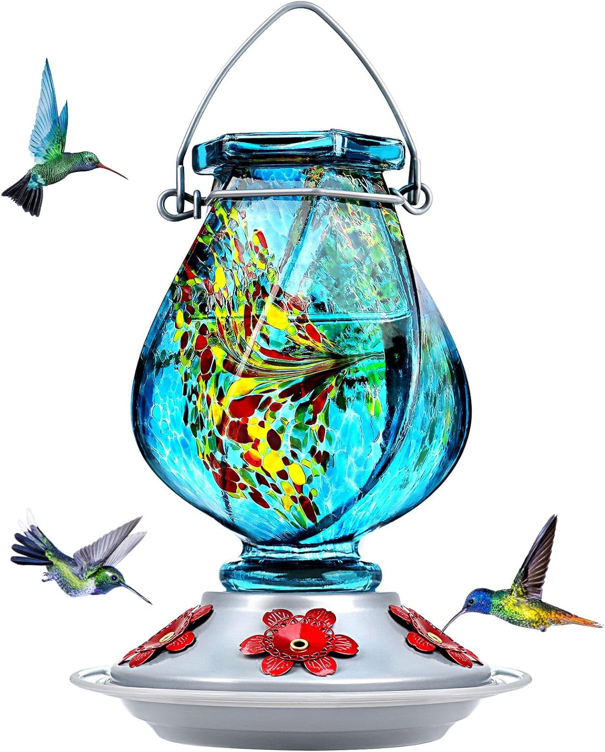 BOLITE Hummingbird Feeders for Outdoors Hanging, Hand Blown Glass, 22 Ounce, 5 F...