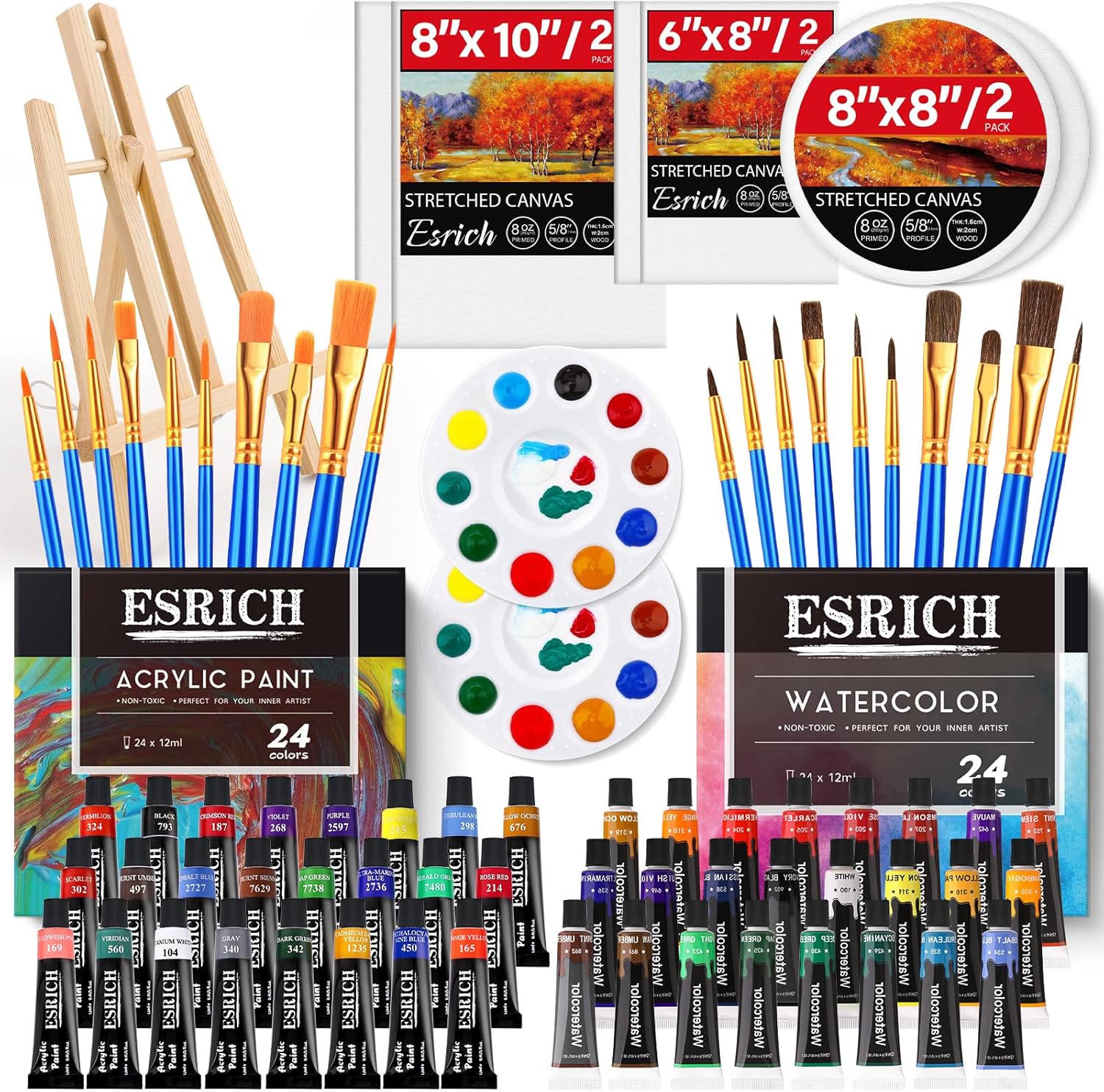 ESRICH 77PCS Professional Premium Paint Kit with 1 Wood Easel,48Colors (24 acryl...