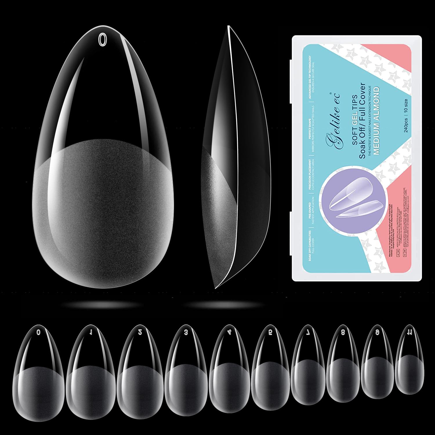 Gelike EC 240PCS Soft Gel Nail Tips Kit - Clear Cover Full Nail Extensions - Med...