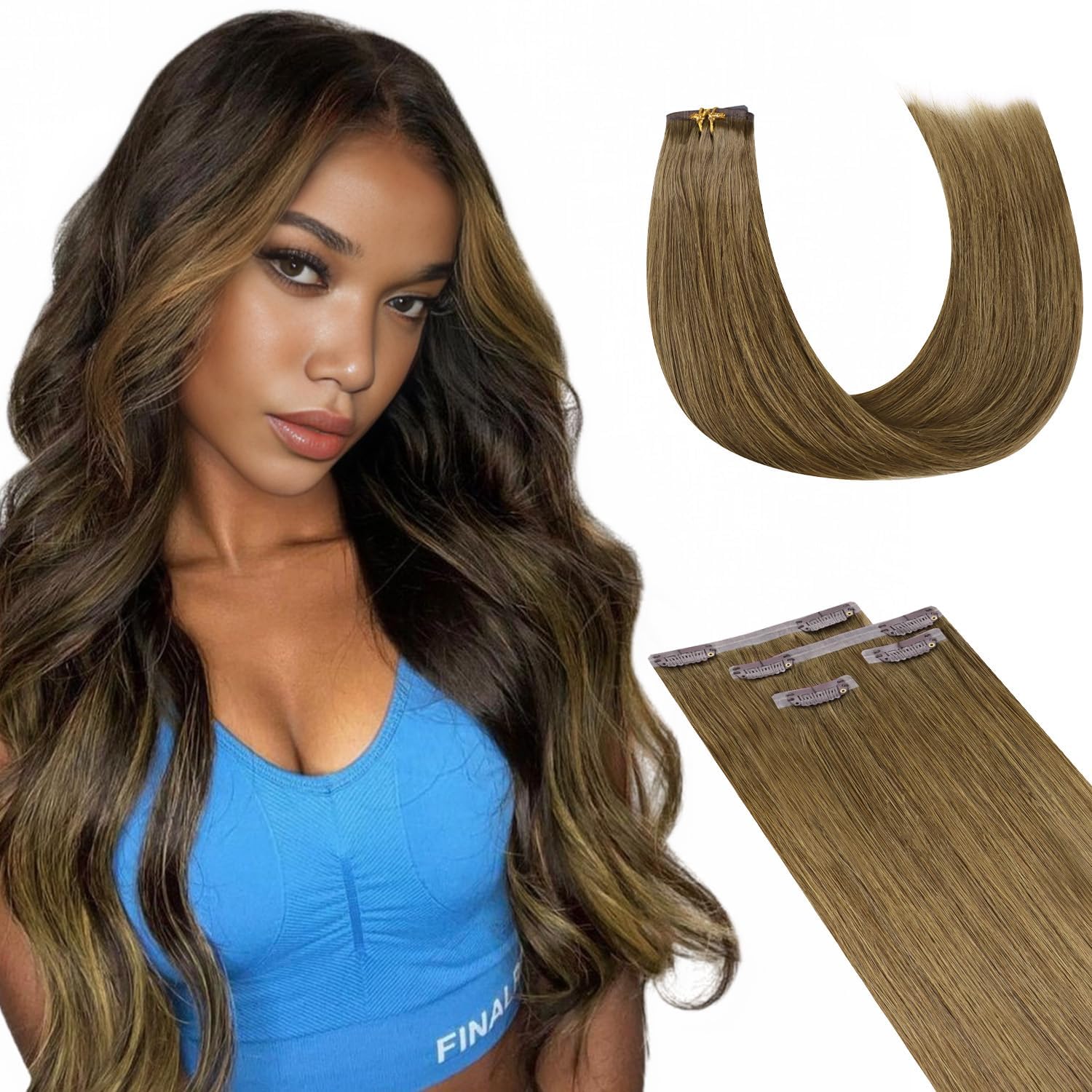 Clip in Hair Extensions Real Human Hair, 4pcs 50g Medium Brown Human Hair Extens...