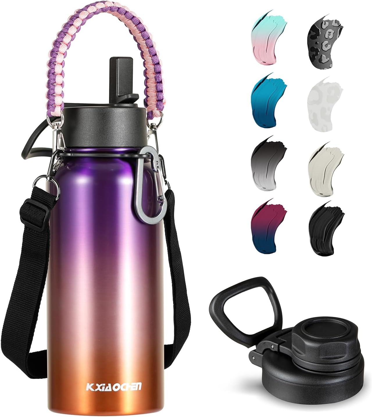 32 oz Insulated Water Bottle with Paracord Handles & Strap, 2 Lids(Straw Lid&Spo...