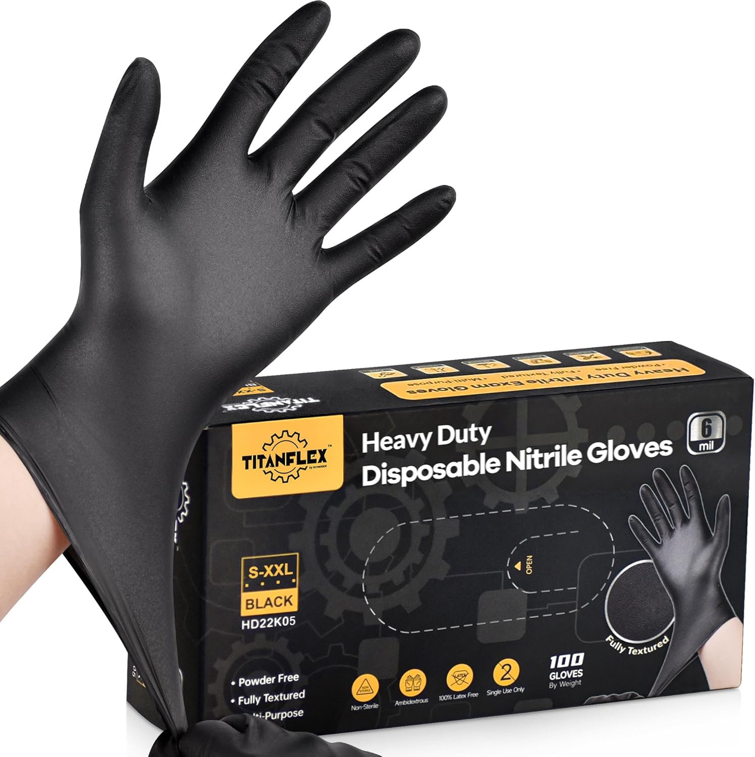 Heavy-Duty Black Disposable Nitrile Gloves, Box of 100, 6-mil, Fully Textured, P...