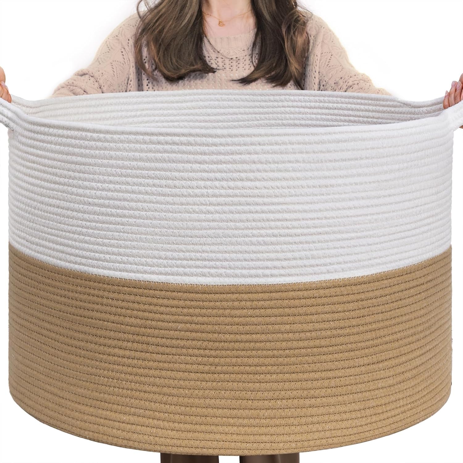 INDRESSME XXXLarge Jute Rope Basket 21.7" x 21.7" x 13.8" Woven Baby Laundry Bas...