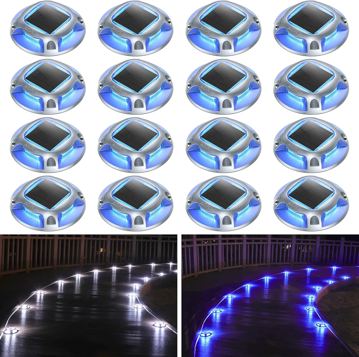 AGPTEK Solar Driveway Lights Solar Deck Lights 16 Pack, 2 Color Modes Dock Light...