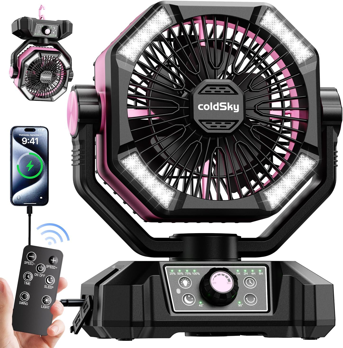 𝟮𝟬𝟬𝟬𝟬𝗺𝗔𝗵 Camping Fan with Dual Motor, Battery Operated Fan with 4 LED Lantern, 8...