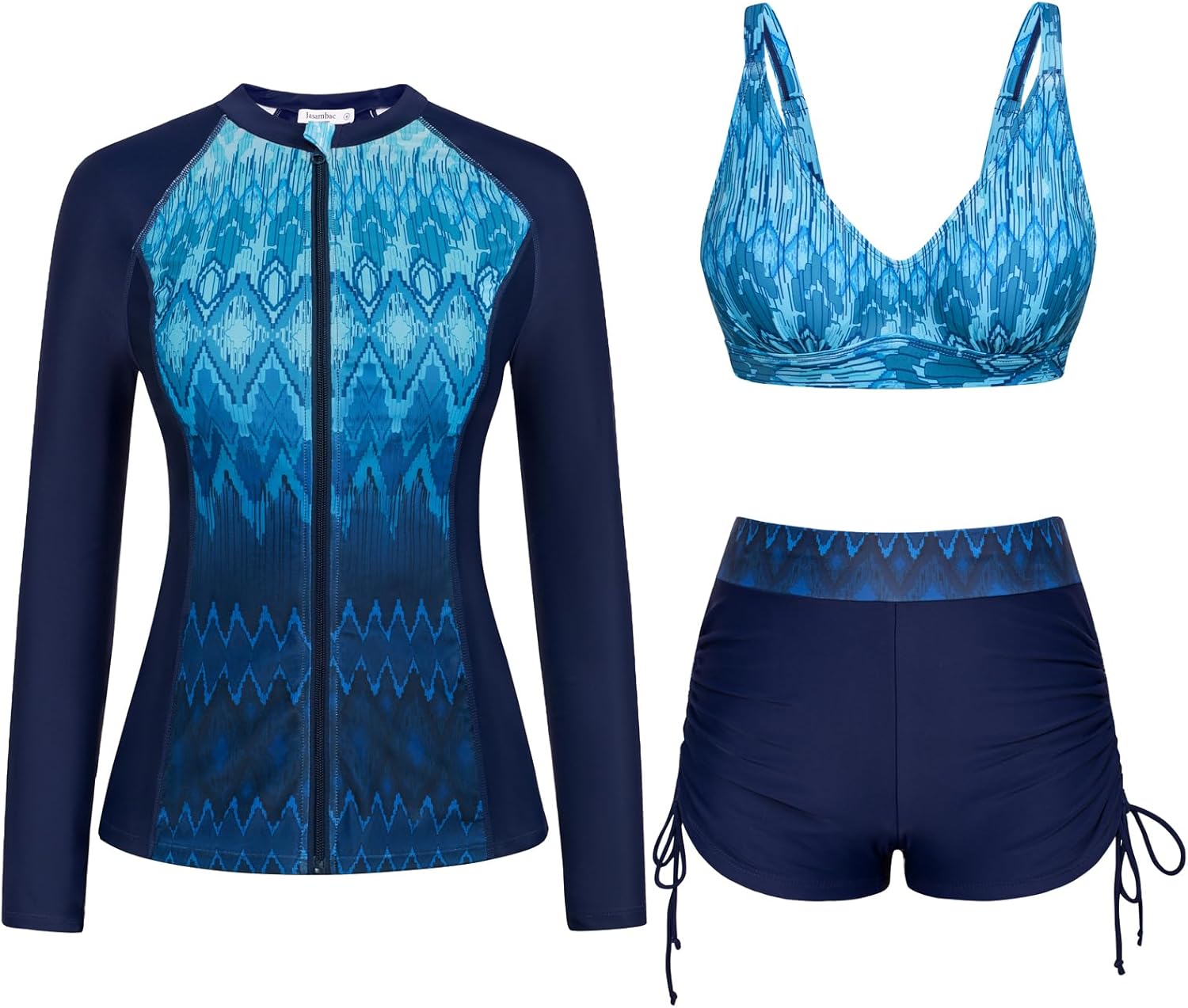 JASAMBAC Women 3 Piece Rash Guard Long Sleeve Zip Up Swimsuits with Boyshort UV...