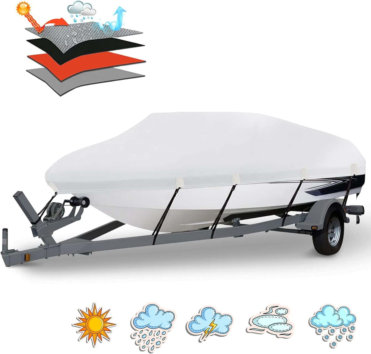 Heavy Duty 800D PU Waterproof Boat Cover, 16'- 18.5' Trailerable Marine Grade Po...