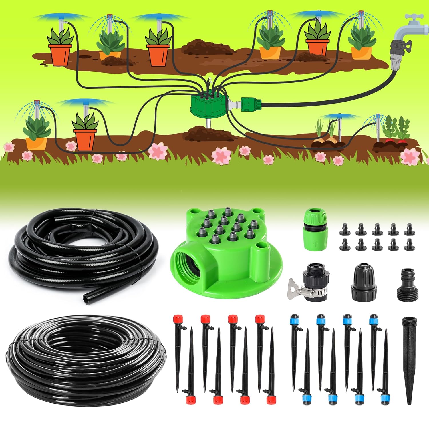 Bonviee 106.5FT Drip Irrigation Kit, Garden Watering System with 12-Port Irrigat...