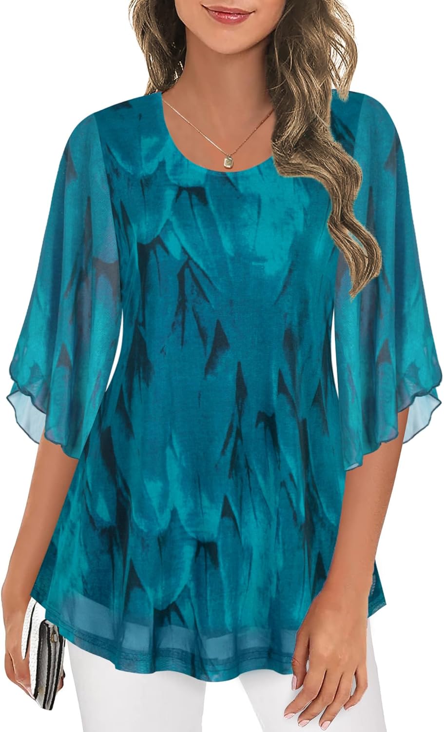 Ninedaily Women's Tops 3/4 Sleeve Blouses Dressy Casual Double Layers Mesh Tunic...